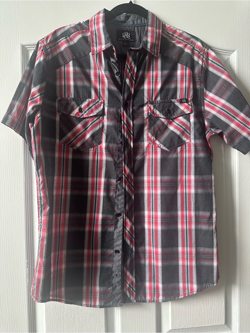 Rock & Republic Black and Red Plaid Short-Sleeve Western Shirt